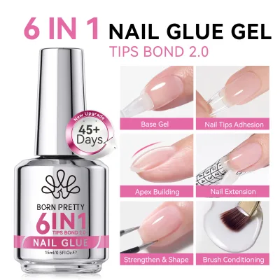 BORN PRETTY 15ml New EU Standards 6 in 1 Uv Gel Nail Glue OEM Strong Adhesion Nail Tips Gel with Soft Brush for Nail Extension