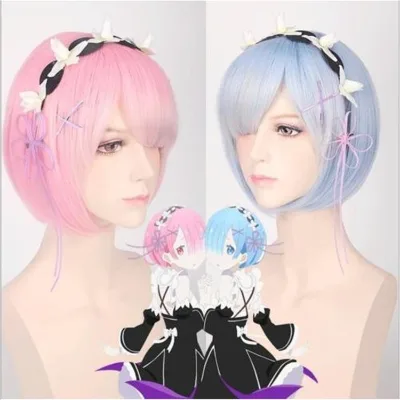 Mengtong Cosplay Anime Wig Zero-Starting Life in Another World Rem Ram Maid Gemini Short Pink Blue Wig
