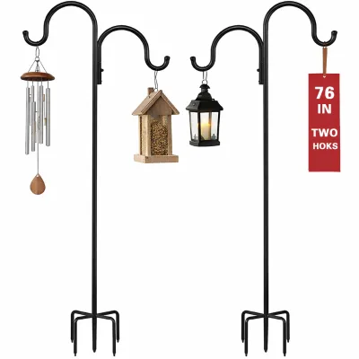 Powder Coated Metal Shepherd Hook Bird Feeder Pole 76 Inch Double Hooks with 5 Prongs Base for Outdoor Decor