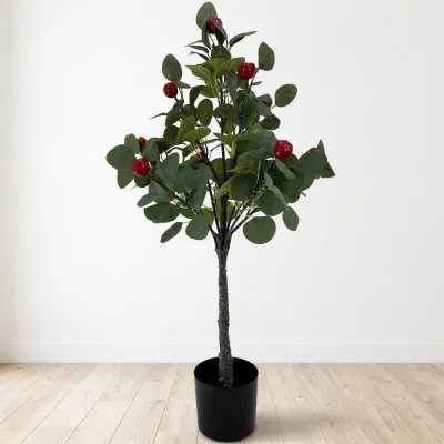 Real Touch Round Eucalyptus Leaves Indoor Artificial Potted Plants with Fruits Artificial Apple or Cherry Trees for Home Party