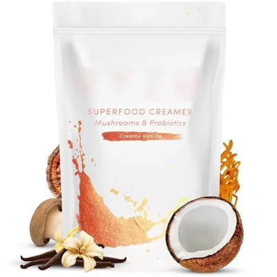 Vanilla Latte Arabica Probiotic Coffee Creamer with 6 Organic Adaptogenic Mushrooms & Probiotics for Energy & Digestion 220g Bag