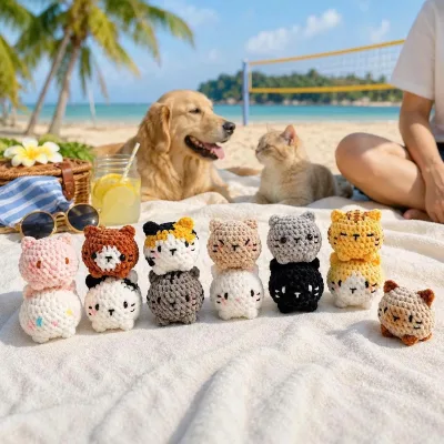 Handmade Crochet Cat Footbag Kawaii Crochet Animal Stress Ball Juggling Fidget Toy Kids Beach Play Toy Hacky Sack
