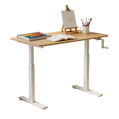 Modern Minimalist Hand Crank Height Adjustable Desk White Metal Frame Manual Lifting Computer Table