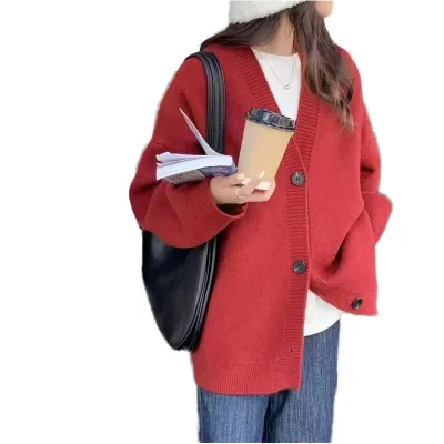 Women's Red Spring and Autumn Single-Breasted Knit Cardigan South Korea Student Style Loose and Lazy Anti-Shrink Sweater