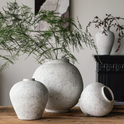 Chinese Retro Handmade Coarse Pottery Jar Vase Flower Arranger Antique-Style Earthenware Living Room Hotel Homestay Decoration