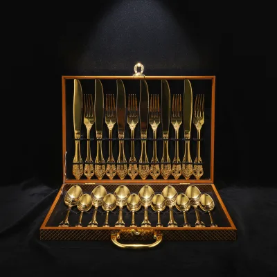 Stainless Steel Tableware Retro Style Relief Tableware Set 16/24 Pieces Set Cutlery Knife Fork Spoon for Household, Hotel