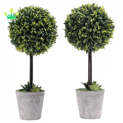 Artificial Boxwood Topiary Tree in Modern Gray Pulp Planter, Set of 2