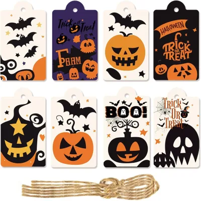 Hot Selling 80-piece Halloween Paper Gift Tags with String Ghost Pumpkin Hanging Tags for Candy Souvenirs Bags Decoration