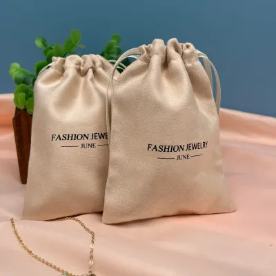 JUNE High Quality Small Drawstring Faux Suede Dust Jewelry Pouch with Logo