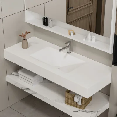 Hotel All-White Modern Design Bathroom Vanity Custom Acrylic Sink Cabinet Combo 10 Year Warranty Ensures Clean Serene Ambiance