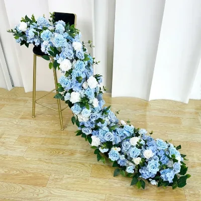 White and Blue Luxury Flower Runner Fall-themed Floral Carpet Flower Aisle Runner Silk Flower Runner