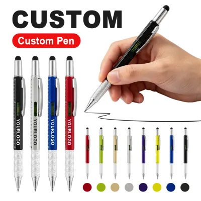 Custom Logo Multi-Function 6-in-1 Tool Pen with Level Ruler and Touchscreen Ballpoint Pen