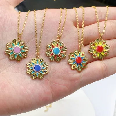 Diy Handmade Jewelry Accessories 18k Gold Enamel Sunflower Charms Pendant for Jewelry Making