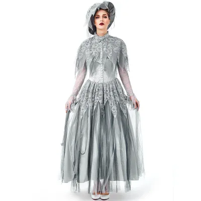 Adult British Vintage Skeleton Ghost Bridal Dress Halloween Role Playing Ghost Bride Cosplay Costume
