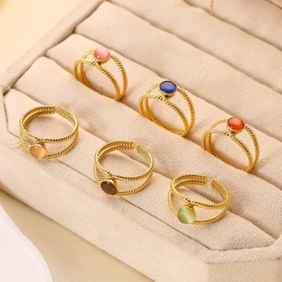 Hot Selling Stainless Steel Hollowed Out Natural Stone Ring Twist Chain Fashion Open Hollow Multi Layer Blue Adjustable Ring