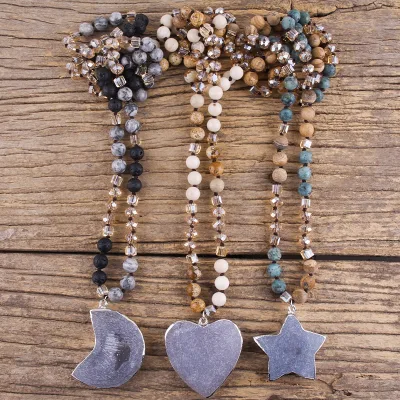 New Women Boho Necklace Jewelri Natural Stone Beads Knotted Matt Moon Star Heart Pendant Necklaces