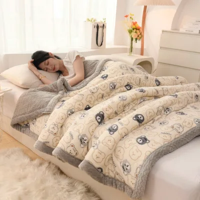 Thickened Three-Layer Woven Eco-Friendly 95% Polyester Milk Velvet Animal Printed Winter Office Nap Fleece Blanket for Students