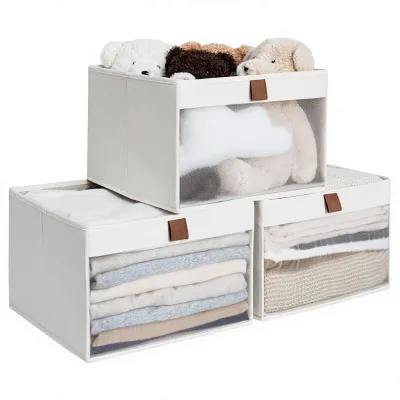 StorageWorks Open-Home Linen Fabric Storage Bins 24L Capacity 3-Pack | See-Through Mesh Front Soft Leather Handles Flip Closet