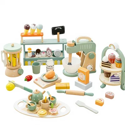 Wooden Toddler Tea Party Set with Cupcake Stand & Food Dessert Eco-friendly Non-toxic Pretend Play Kitchen Toys for Boys Girls