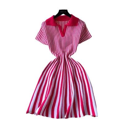 French Contrast Retro Lapel Short Sleeve Stripe Jacquard Knit Dress Slim a Line Medium Skirt