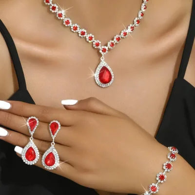 Optional Colors Red Ruby Crystal Rhinestone Necklace Earrings Bracelet Jewelry Set