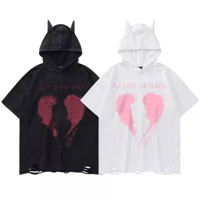Streetwear Custom Men's Oversized Heart Print Ripped Hooded Short-sleeved T-shirt for Men and Women Loose Hip-hop Short Sleeves