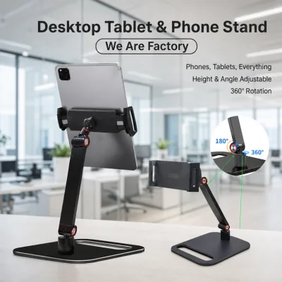 OEM Private Mold Aluminum Tablet Stand 360° Rotating Adjustable Height 43-60cm Heavy Duty Desktop Holder for Office, Wholesale