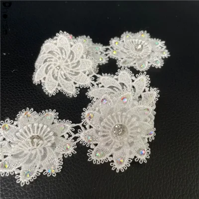 Sparkling 5cm Sewing Flower Lace Polyester 3D Floral Lace Trim With Rhinestone Trimming