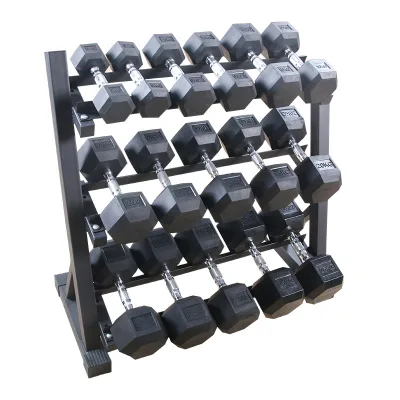 Factory Wholesale Gym or Home Use Dumbell Racks Gym Equipment Three-tier Rubber Hex Dumbbell Rack