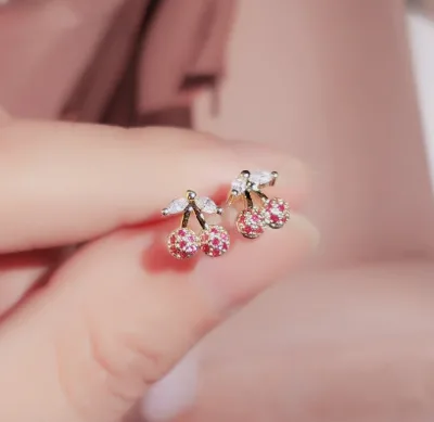 925 Silver Fashion Hot Sale Fashion and Temperament Rhinestone Cherry Shape Fruit Stud Earrings Women
