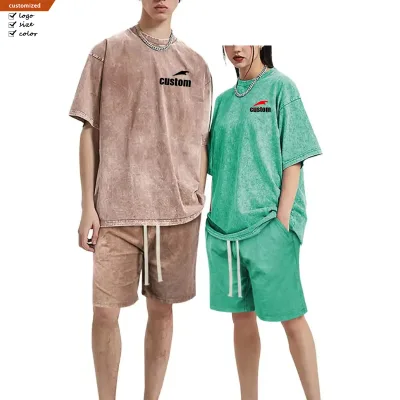 Men and Women Oversized T Shirt Set Vintage Washed Cotton Shorts Matching Summer Tracksuit