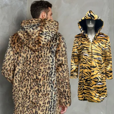 Mens Luxury Faux Fur Coats Leopard Hooded Parka Jacket Tiger Print Furry Overcoat Winter Hoodie Fluffy Cardigan Long Coat
