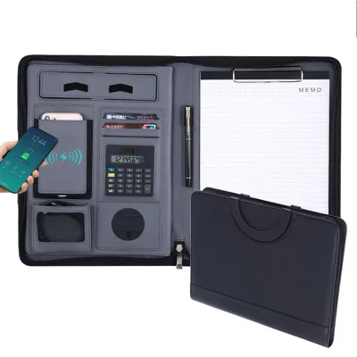 A4 PU Leather Wireless Charging Portfolio Zipper Binder Organizer 8000mah Power Bank Calculator Briefcase Presentation Folder