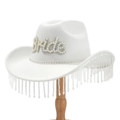 Ladies Tassel Felt Western Cowboy Hat Pearl BRIDE Bridal MRS Top Wedding Fedora Hat