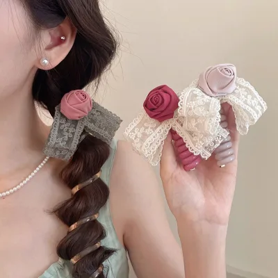Girls Creative Ponytail Holder Spiral Braided Hair Band Lace Rose Telephone Line Hair Tie