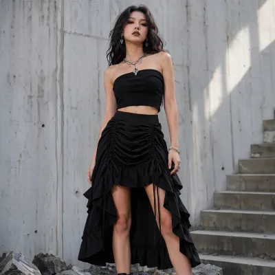 2026 New Polyester Ribbon-layered Cake Dress with Drawstring Pleated Half-length Skirt Long Punk Style Women's Mid-length Skirt