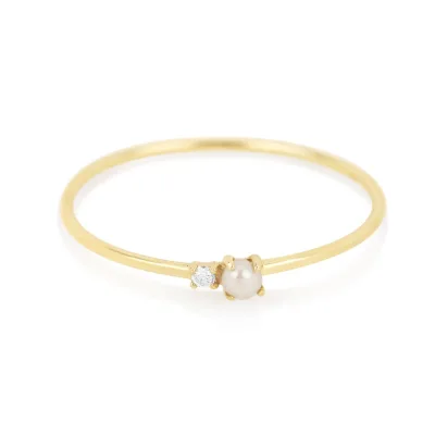 14kt Solid Gold Dainty Ring, Elegant Design Pearl and Diamond Ring, Classic Silver Stack Rings