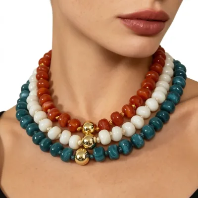 Fashion Bulk OEM ODM Chunky Stacked Collar Necklace Tri Color Teal Red White Marbled Resin Disc Bead Gold Ball Necklaces