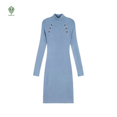 Wholesale Custom logo Oem & Odm Raglan Turtleneck Button Down Skinny Long Bodycon Rib Knit Viscose Knit Women's Sweater Dress