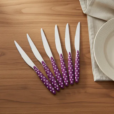 High Quality Mirror Polished Stainless Steel Flatware Decorative Purple Ceramic Plastic Dinner Knife for Wedding Steak Knives