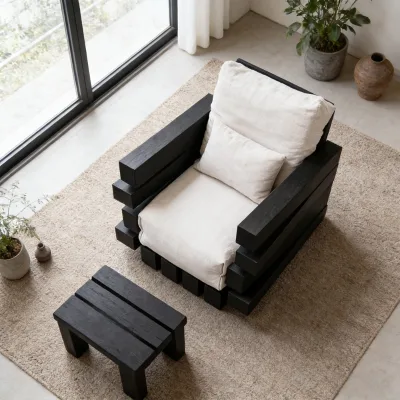 Modern Black Solid Wood Fabric Armchair Minimalist Wabi Sabi Accent Lounge Chair Luxury Brutalist Club Seating Furniture