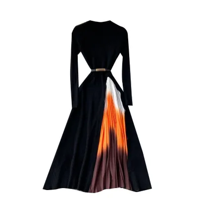 Custom Women Knitted Midi Dress Gradient Color Slim Fitted Pleated Ladies Long Sleeve Patchwork Knit Sweater Dress with Belt