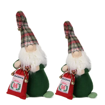 Pine Green Felt Plaid Bell Cap Santa Gnome Plush Toy Ornament with Xmas Tree Corner Factory Supply