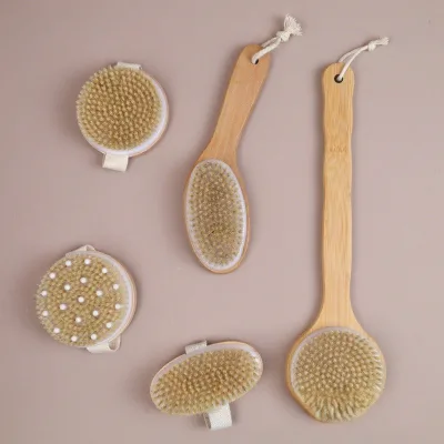 Hot Selling Adult Pig Mane Hair Bath Brush Exfoliating Body Dry Brush Long Handle Back Scrubbing Brush