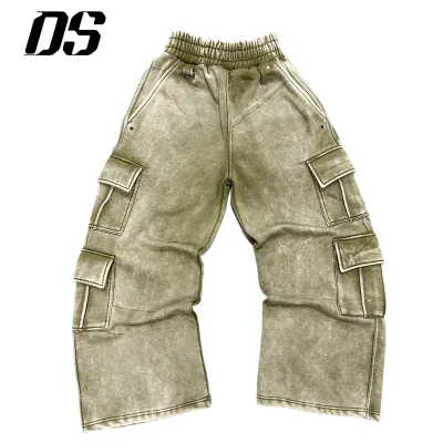 Acid Wash Finish Elastic Waist Unisex Baggy Sweatpants with Multi Cargo Pockets Eyelets & D-buckle Detailing Street Vintage Y2k
