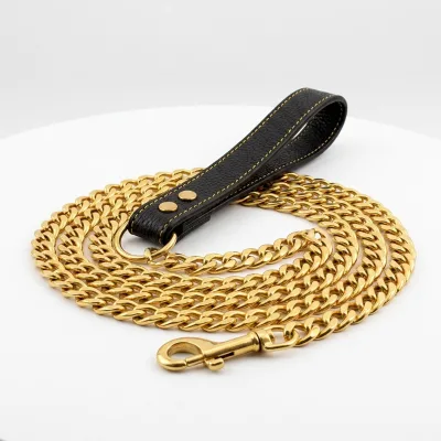 Custom Heavy Duty Chain Dog Leash with Leather Handle Durable Metal Lead for Home Walking Training Wholesale