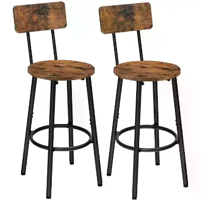Rustic Counter Height Footrest Backrest Wooden Bar Stool with Metal Legs for Kitchen Dining Room