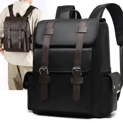 Cross-border for British Retro PU Leather Waterproof 20-35L Casual High-Capacity Travel Backpack Belt Buckle Polyester