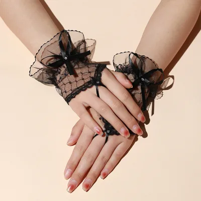 Black Bowknot Jacquard Glove Women Fashion Lace Fabric Bridal Gloves for Wedding Party Decoration
