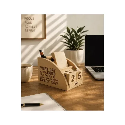 Personalized Wooden Desk Organizer with Perpetual Calendar, Custom Engraved Office Organizer, Home Office Decor